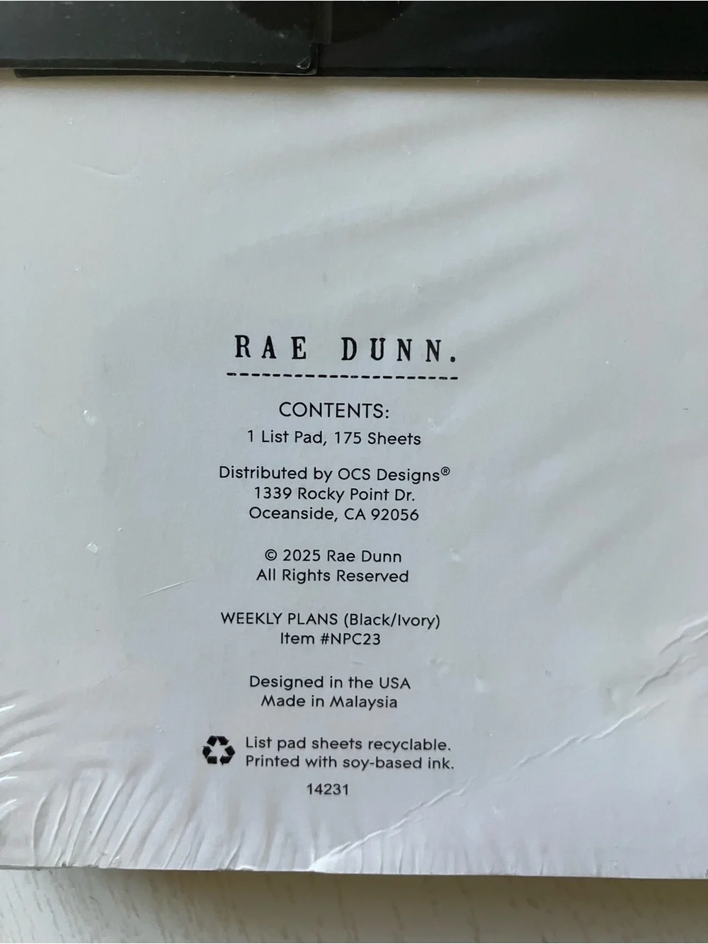 Rae Dunn 175 Sheet Premium List Pad  “Weekly Plans” - NWT